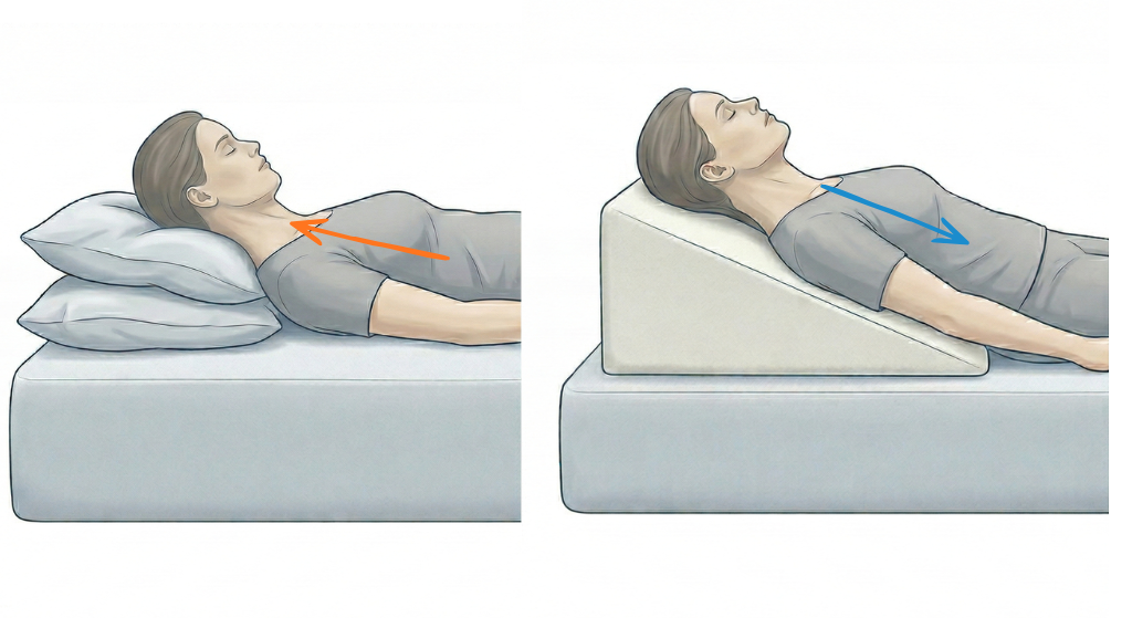 Pagalvių krūva ir pleištinė pagalvė stuburo padėties skirtumai